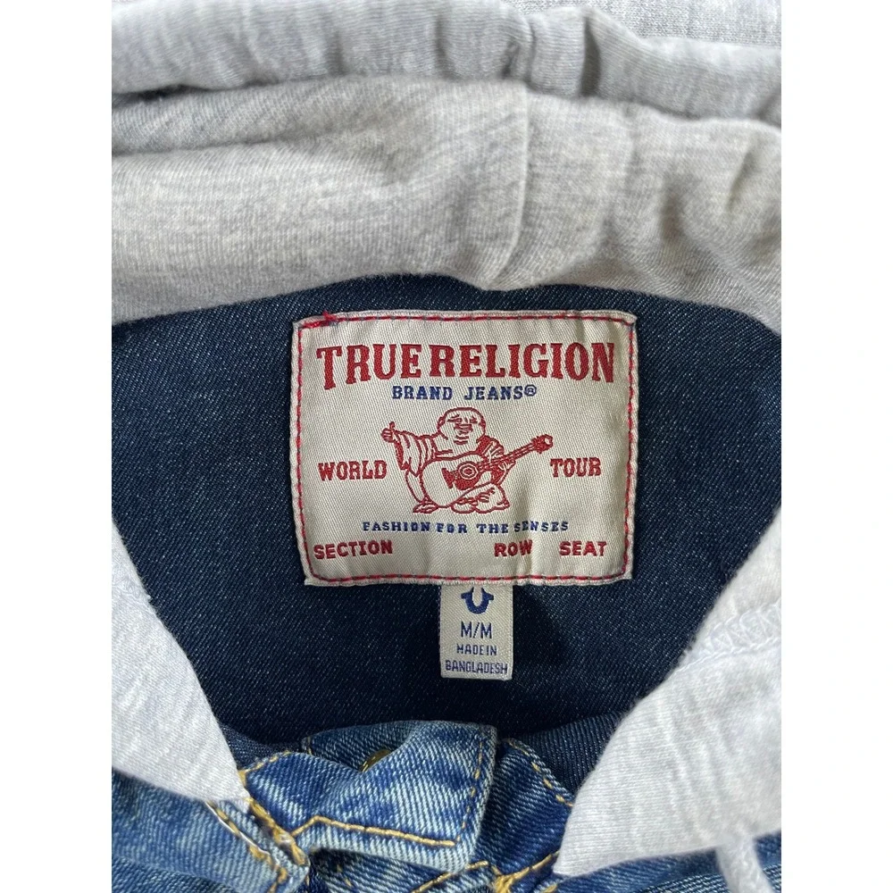 True Religion Mens Medium Blue Denim Hooded Trucker Jacket Jersey Hood Wash